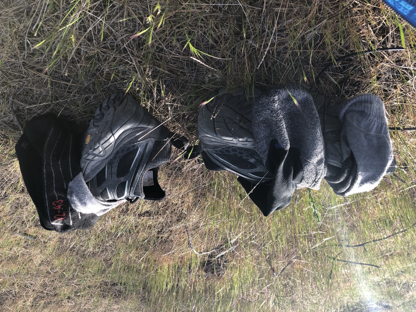 Trekové boty a ponožky schnoucí v trávě po etapě na Caminu