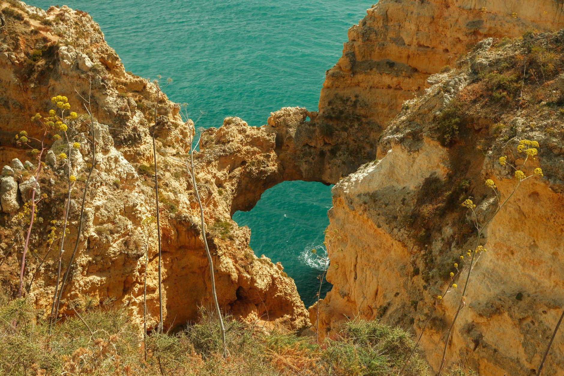 Pobřežní útesy Ponta da Piedade u Lagosu se skalními oblouky a tyrkysovou vodou