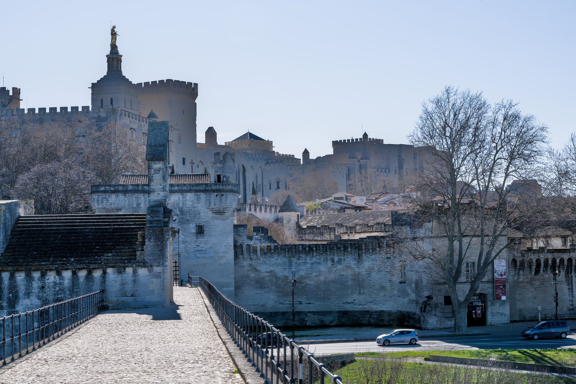 Papežský palác v Avignonu nad řekou Rhônou s mostem Saint-Bénézet v podvečerním světle