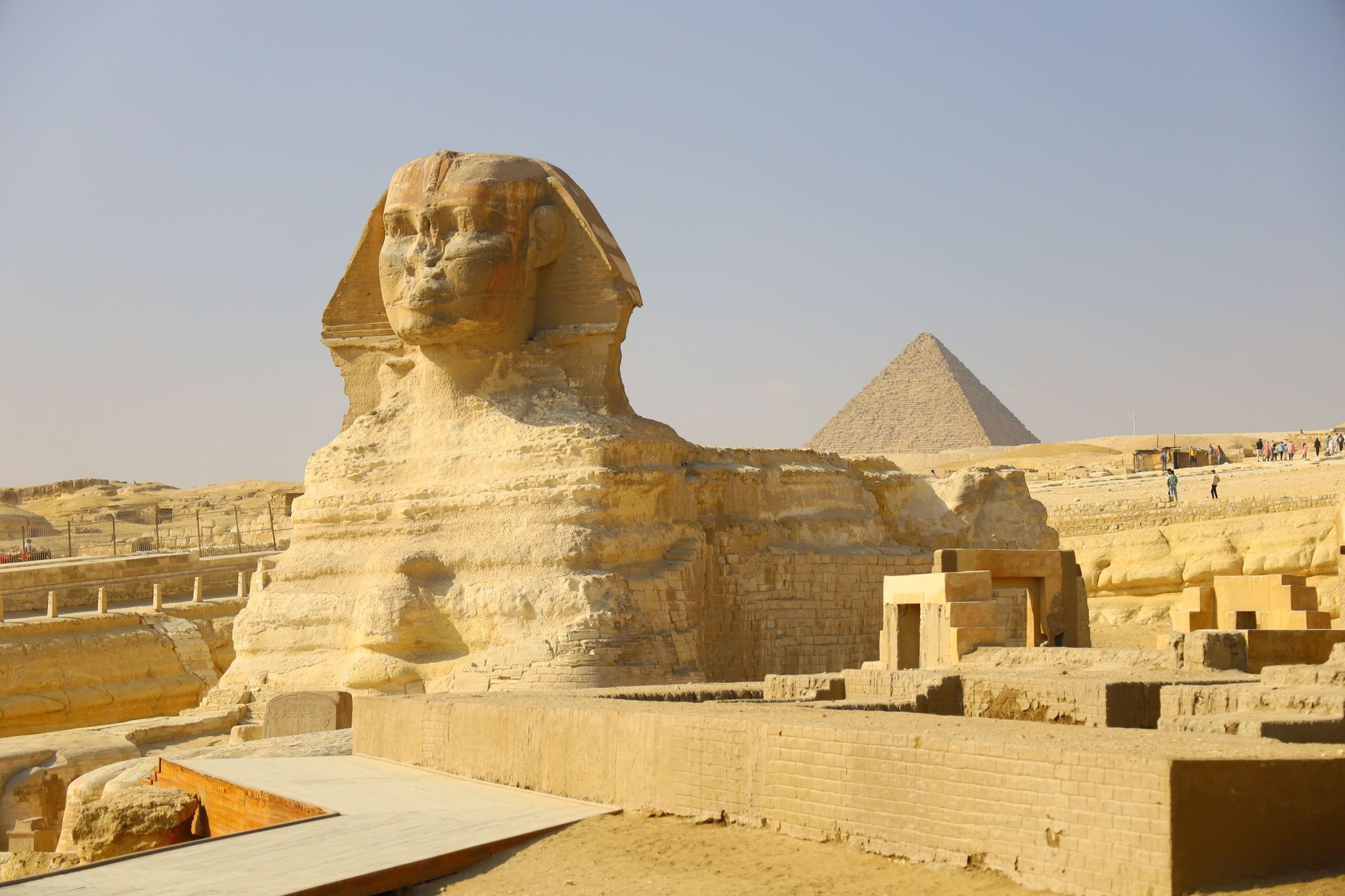 Velká sfinga v Gíze s pyramidou v pozadí za ranního světla