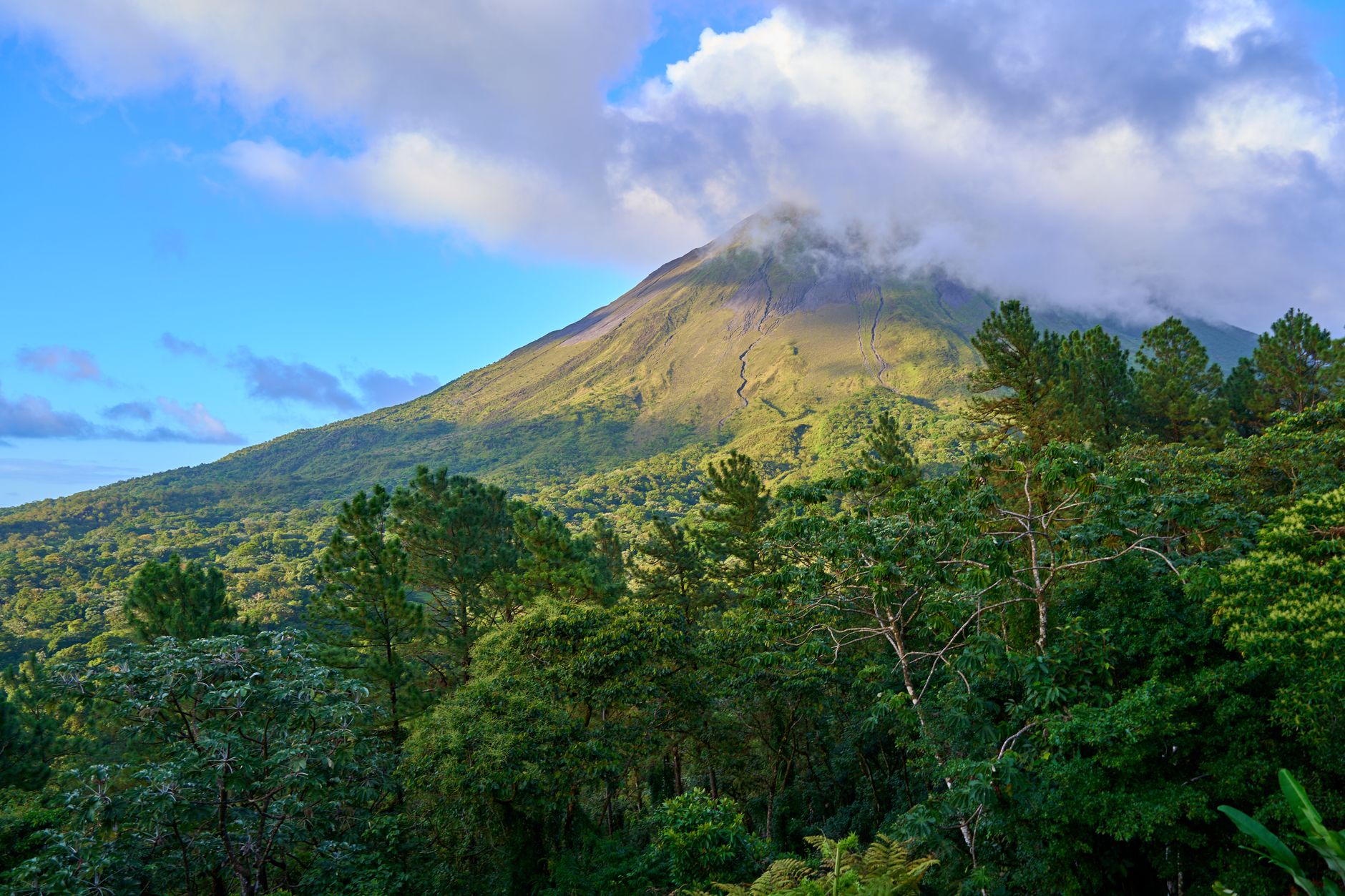 Sopka Arenal nad tropickým pralesem v Kostarice za jasného dne