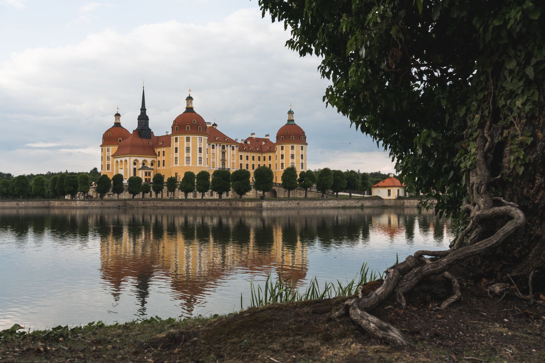 Zámecký rybník Moritzburg se zrcadlící hladinou a stromy na břehu za soumraku