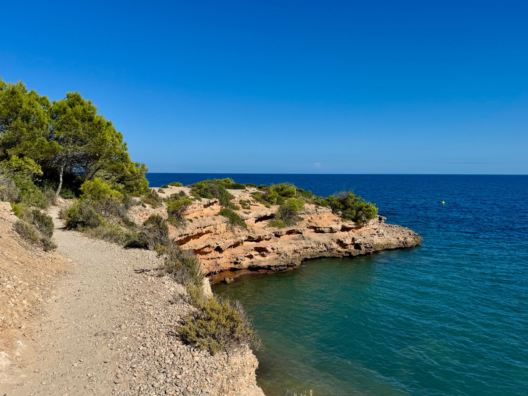 Tyrkysová zátoka na pobřeží Costa Brava se skalami a borovicemi sklánějícími se nad mořem