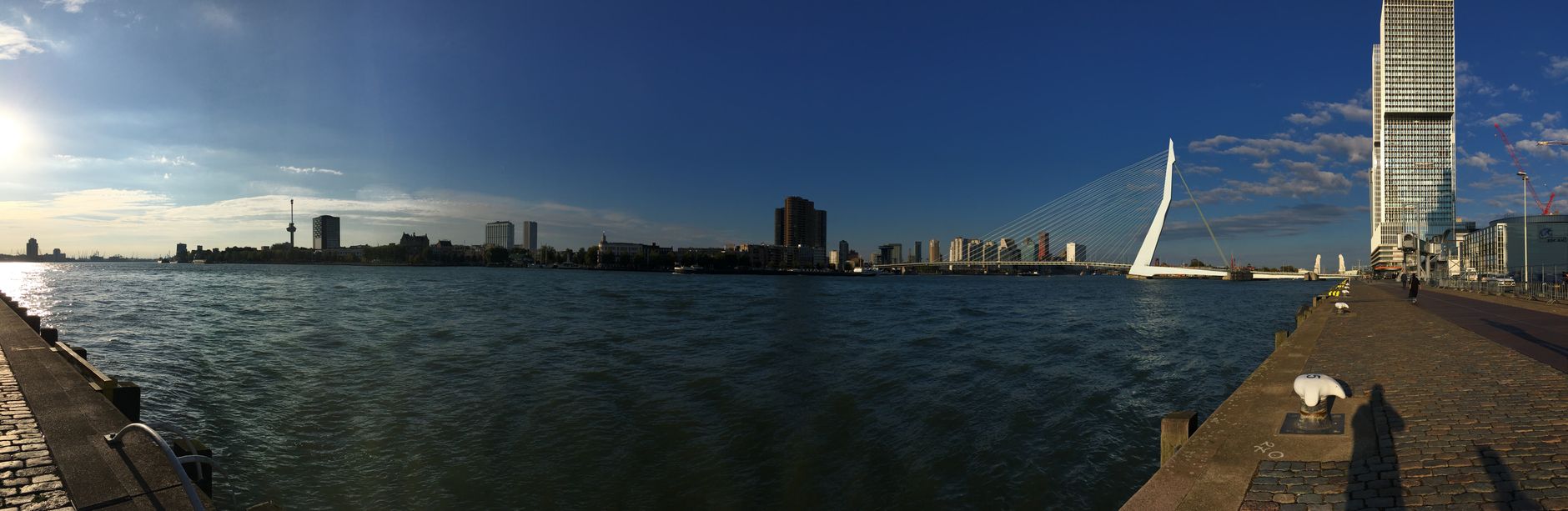 Panorama Rotterdamu s mrakodrapy a obloukovým mostem Erasmusbrug přes řeku Maasu při západu slunce