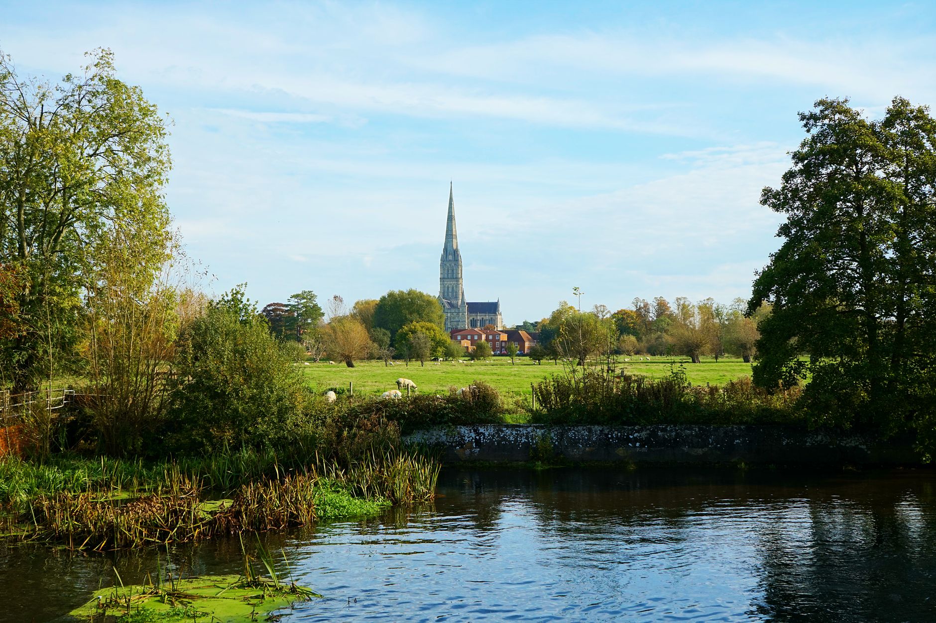 Katedrála v Salisbury odrážející se v hladině řeky u vodních luk Harnham