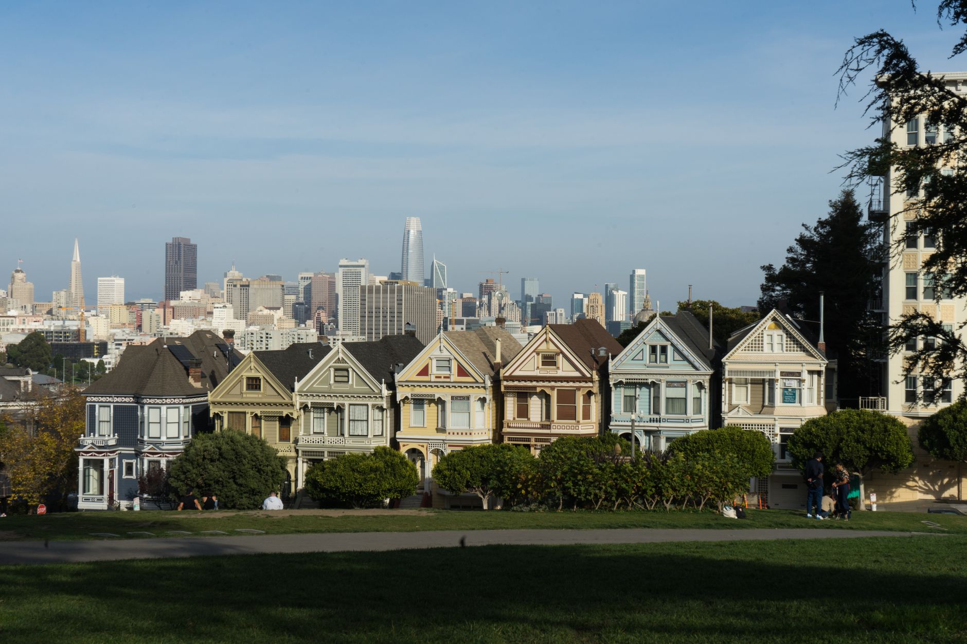 Barevné viktoriánské domy Painted Ladies u parku Alamo Square s panoramatem mrakodrapů San Francisca v pozadí