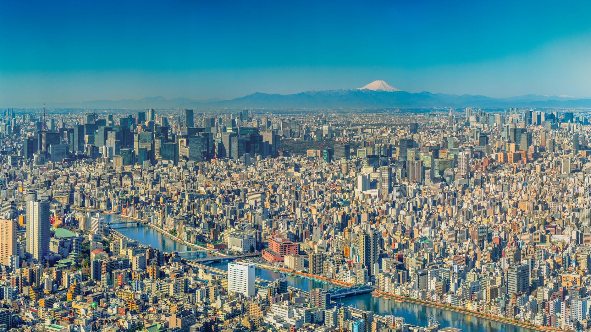 Mrakodrapy čtvrti Shinjuku v Tokiu při západu slunce s horou Fudži na obzoru